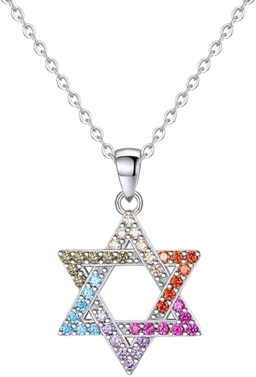 Colorful Hexagram Star of David Necklace - Silver (Rhodium Plated)
